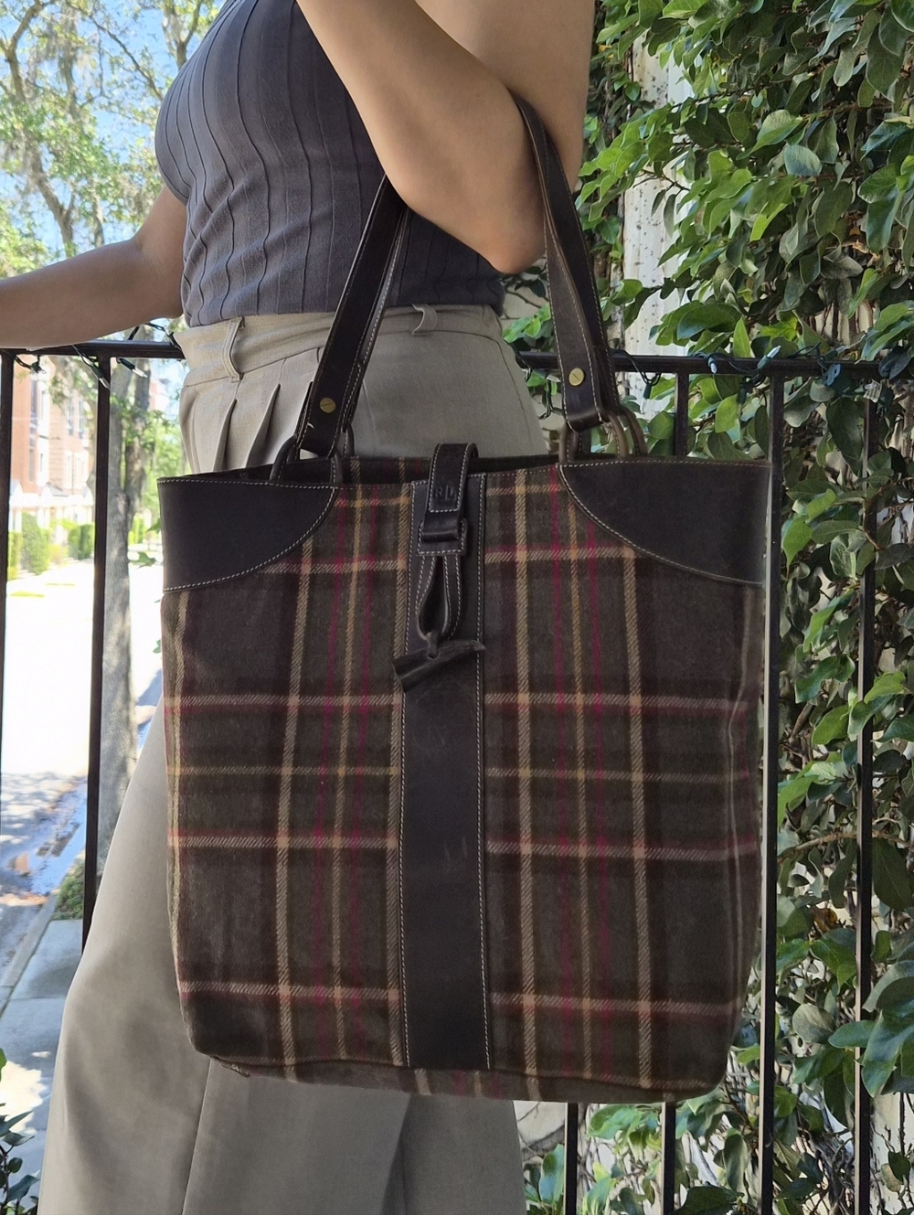 Ralph Lauren Vintage Plaid Wool & Leather Tote Bag – Classic Tartan Preppy Style